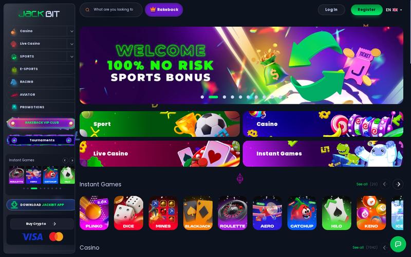 Jackbit Casino showing their sports betting section and casino games