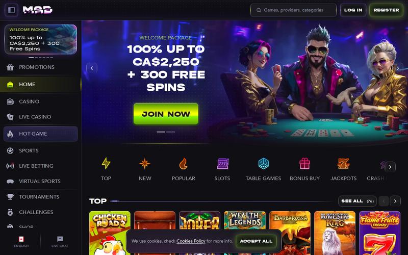 Madcasino website showcasing its game library and welcome bonus