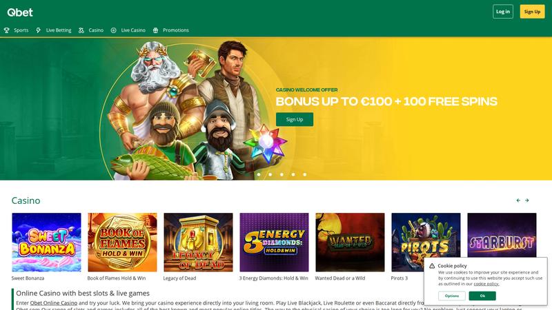 Qbet Casino sportsbook and casino integration showing sports betting options