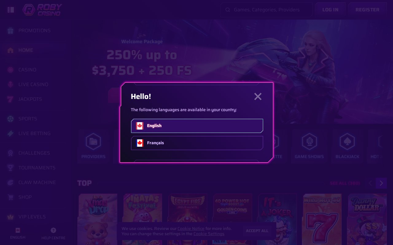 Roby Casino showing new casino interface with modern design