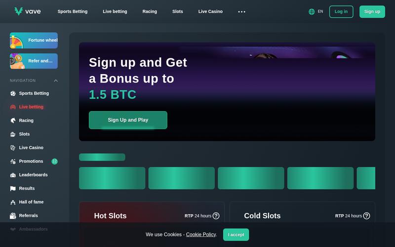 Vave Casino showing their esports betting section and casino games
